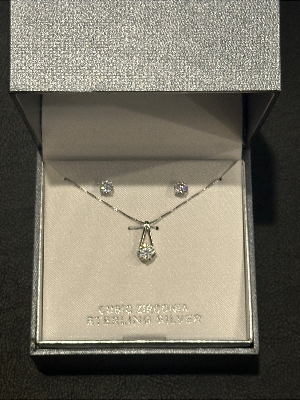 Sterling Silver Cubic Zirconia Necklace & Stud Earrings Set | Box Chain